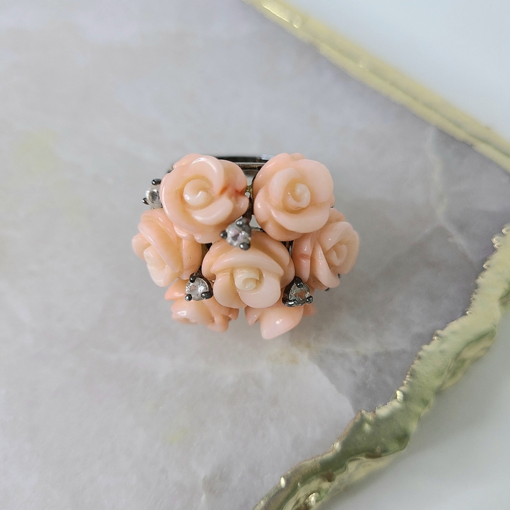 Carol Brodie Rarities Pink Enamel Rose Floral Large Bouquet .925 Vintage Ring